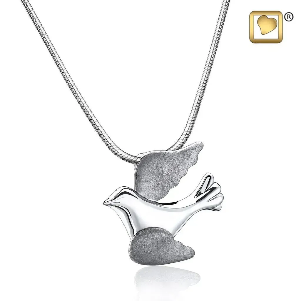 Silver bird pendant necklace with white and gray bird design on a chain