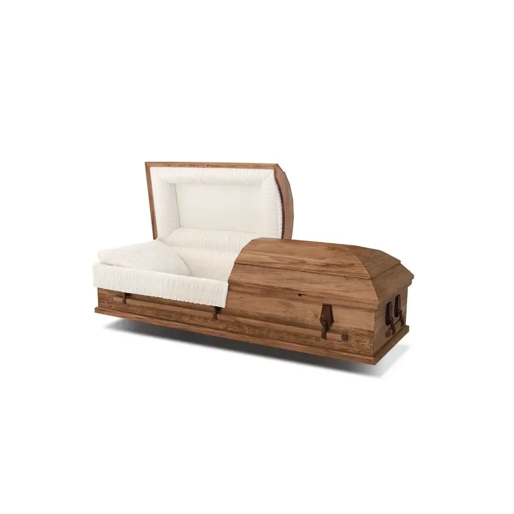 White upholstered storage bed with wood-finish curved side panel and base, shown on white background