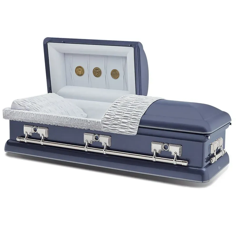 Blue and silver child-sized casket with a raised lid and white quilted interior on a white background