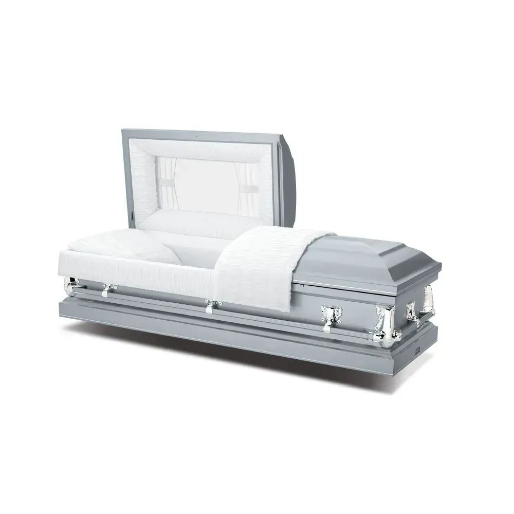 White casket with open lid and satin lining on a plain background