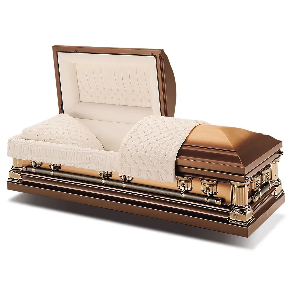 Brown and cream casket with lid open, showing white quilted interior and lace-trimmed blanket.
