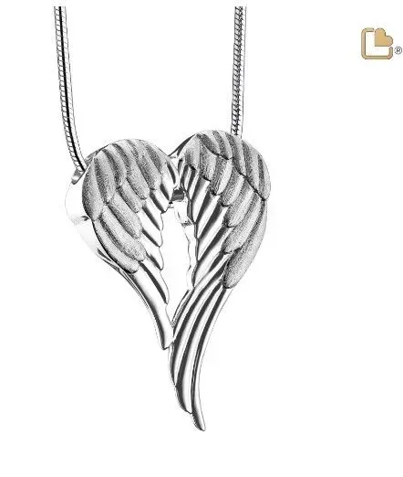 Silver winged heart pendant with striped feather details on a chain