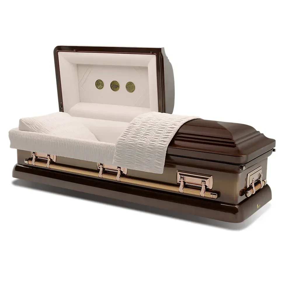 Open white coffin with brown trim and white satin lining on a white background