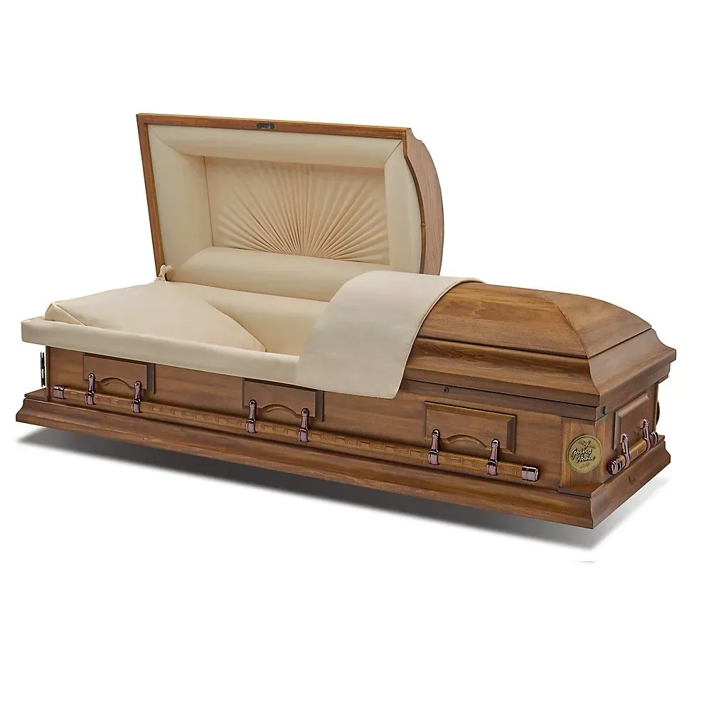 Wooden coffin with beige interior lining and lid open to show a cream-colored blanket