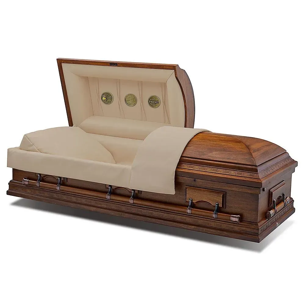 Brown wooden casket with beige velvet interior, lid open to reveal a cream-lined burial lining