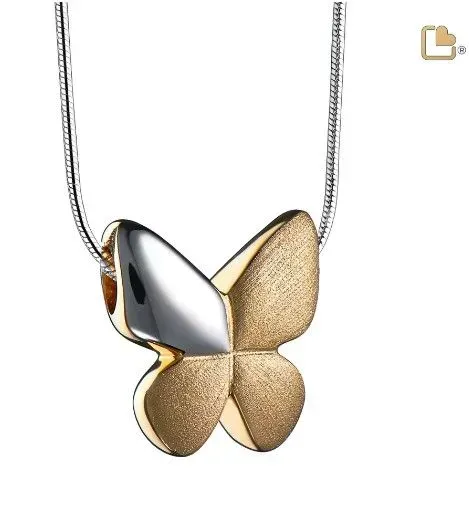 Butterfly pendant necklace with silver and gold wings on a chain
