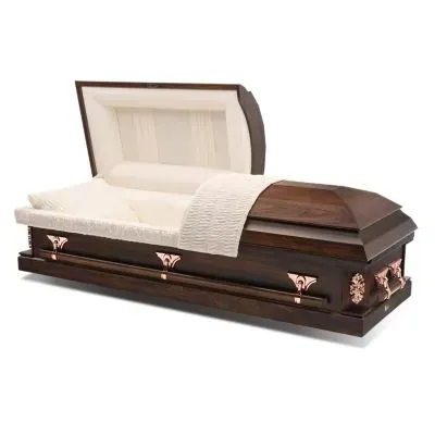 Open dark wood casket with white satin lining and blanket