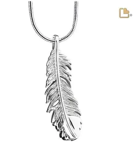 Silver feather pendant necklace on a chain, isolated on a white background