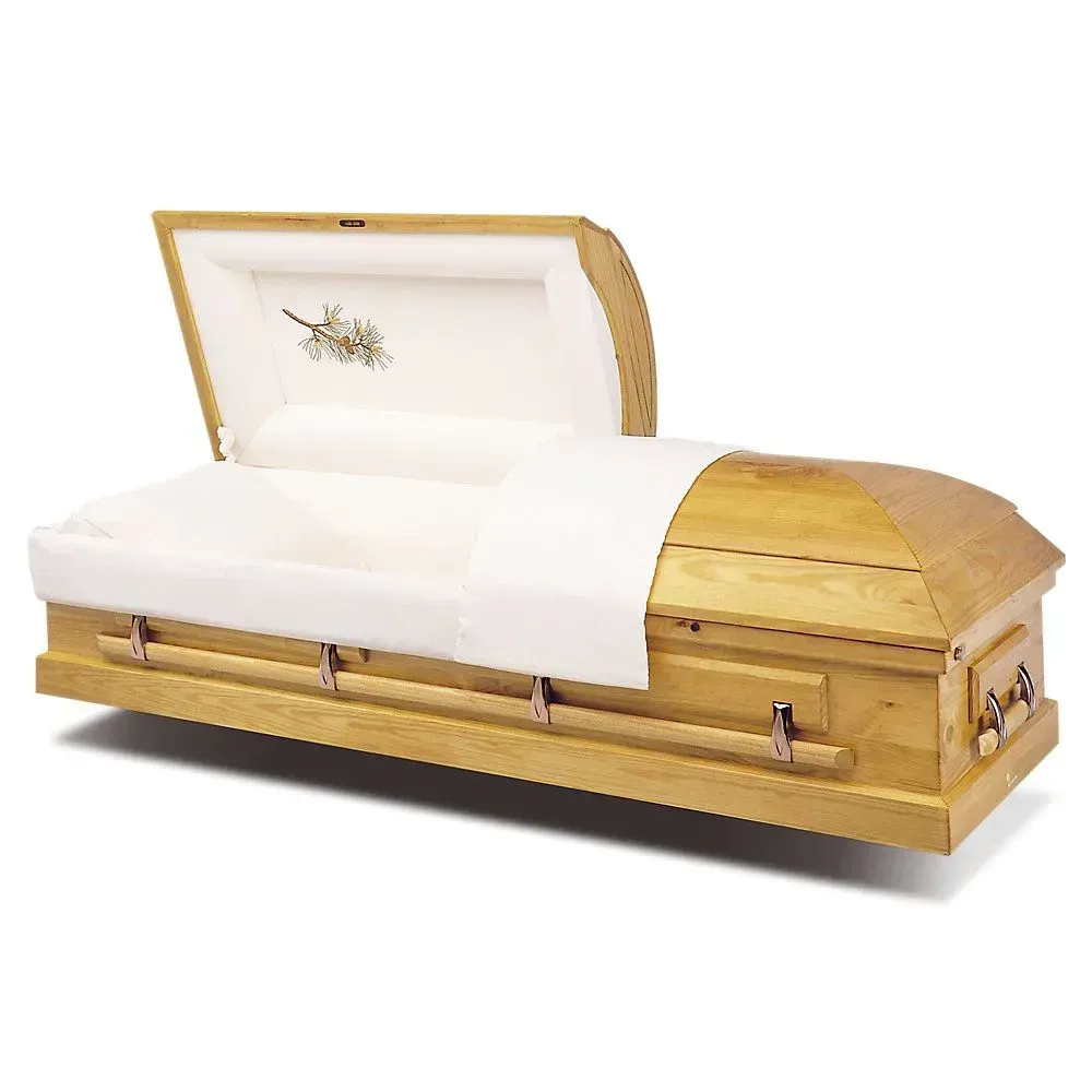 Wooden coffin with open lid and white interior, shown on a plain white background