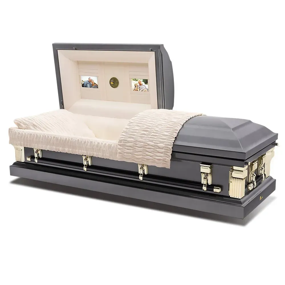Gray and black casket with open lid and white interior, shown on a white background