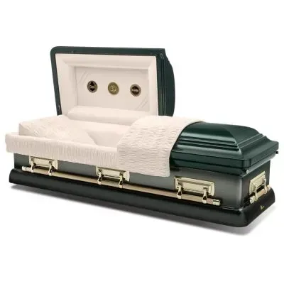Open casket coffin with white satin lining and dark green exterior on a white background