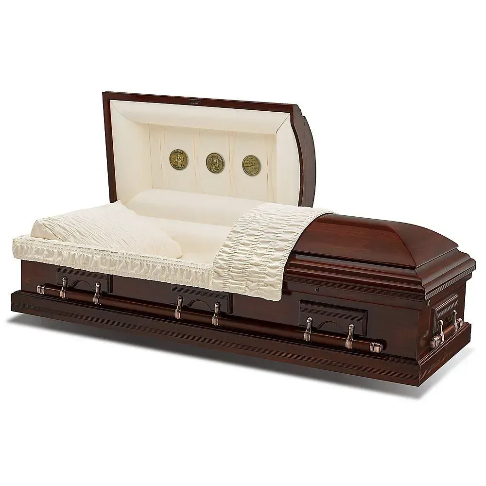 Dark wood casket with cream satin lining and gold accents, shown open on a white background