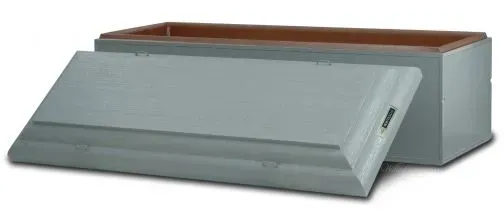 Gray slanted-top outdoor storage bench with a brown lid and side vents