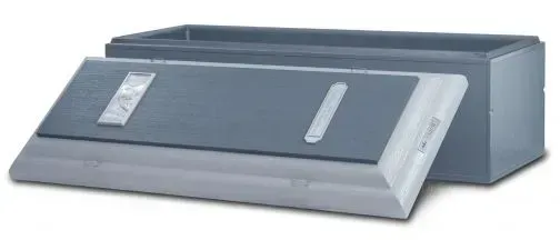 Gray hard-shell casket with the lid open, shown on a white background