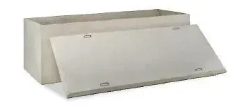 White rectangular panel leaning against a matching box on a plain background
