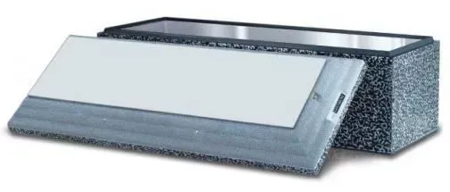 Gray duct vent cover with angled front panel and textured side housing