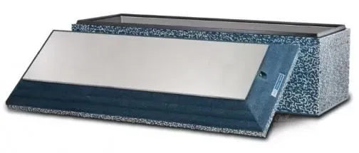 Blue-gray desktop speaker with a silver grille and textured sides on a white background
