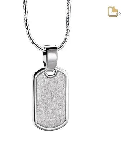 Silver rectangular pendant necklace on a chain with a smooth, brushed-metal finish