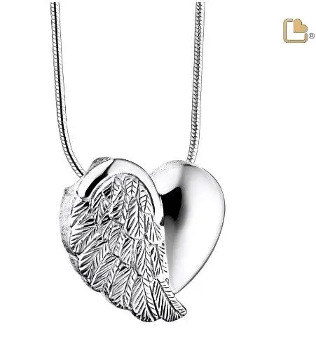Silver heart pendant necklace with a textured leaf-wing design on a chain