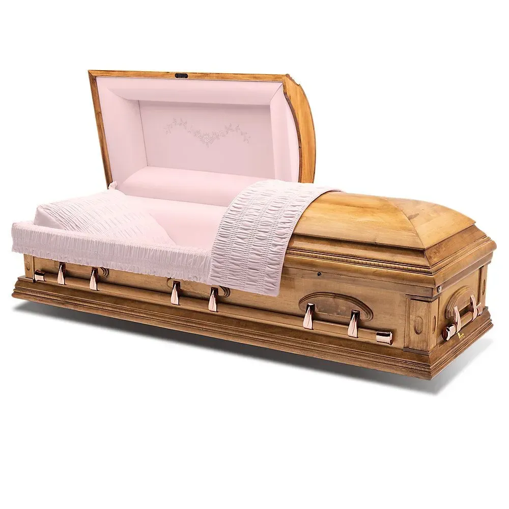 Open casket with a white satin-lined interior and glossy wood exterior