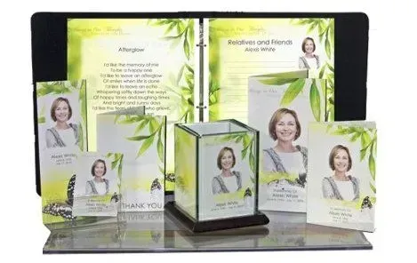 Green bamboo-themed brochures and cards displayed on a clear stand with a portrait photo.