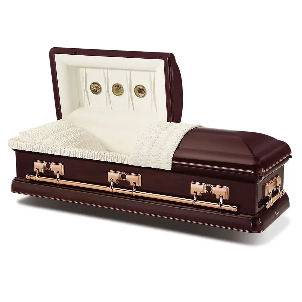 Maroon and white coffin with gold handles and cream interior lining