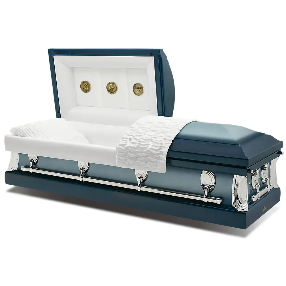 Blue coffin with white quilted interior and silver hardware, shown in a studio setting
