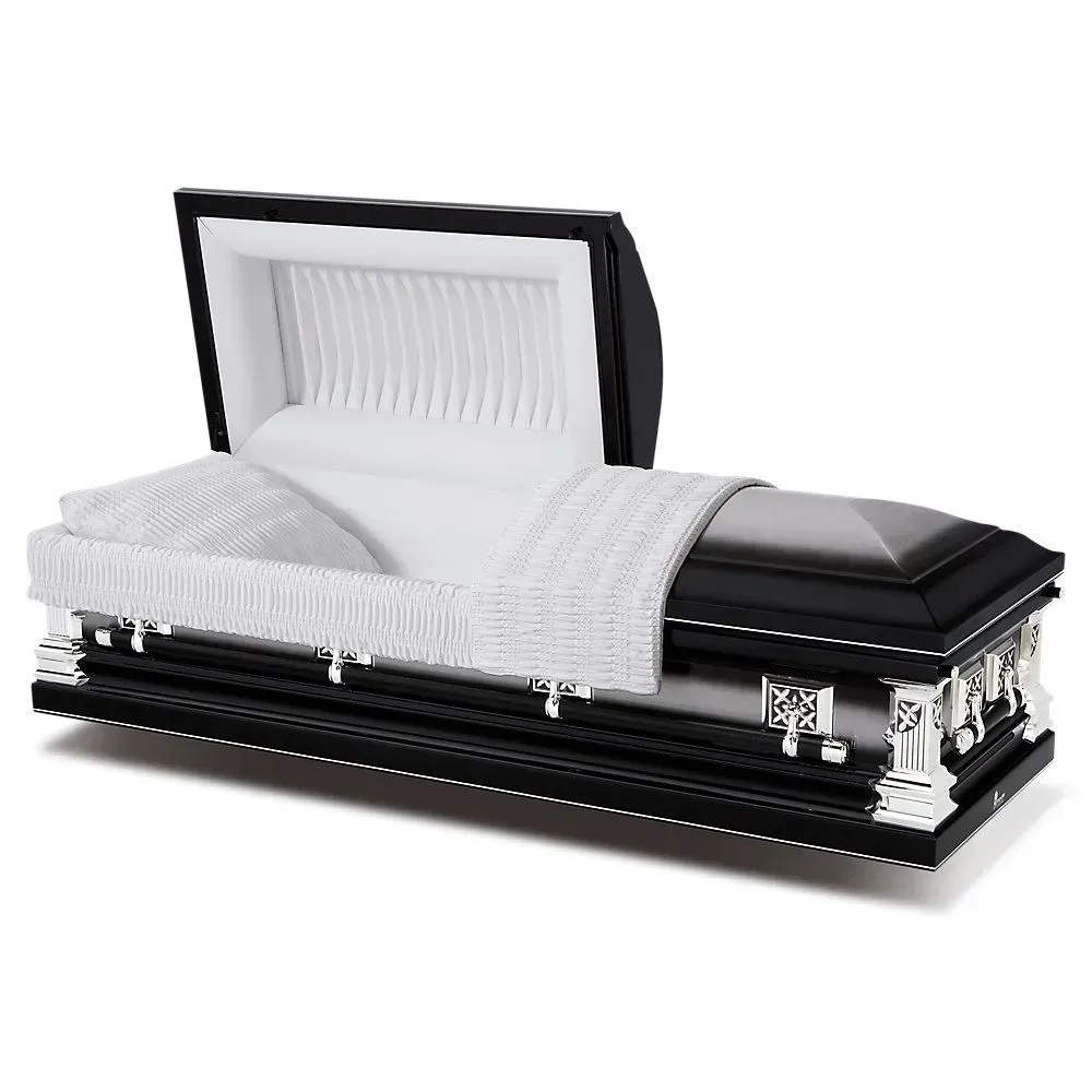 Black-and-white coffin with open lid and white satin interior, shown on a plain background