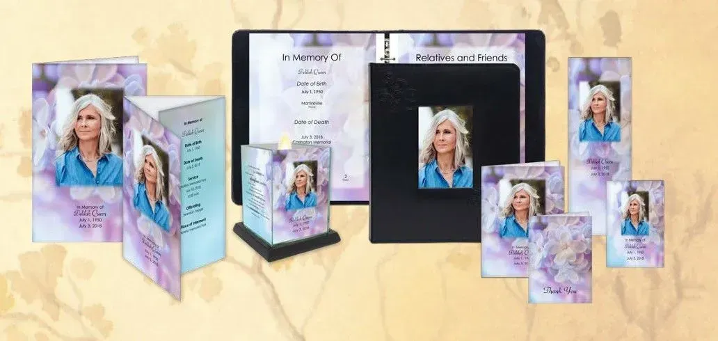 Customized memorial stationery and keepsakes featuring a portrait on a pastel watercolor design