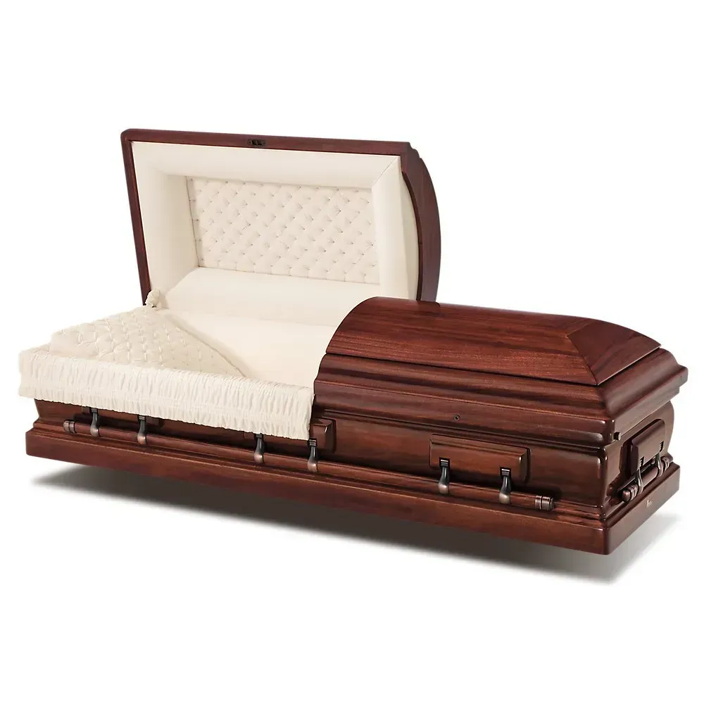 Open casket with cream interior and dark wood exterior on a white background