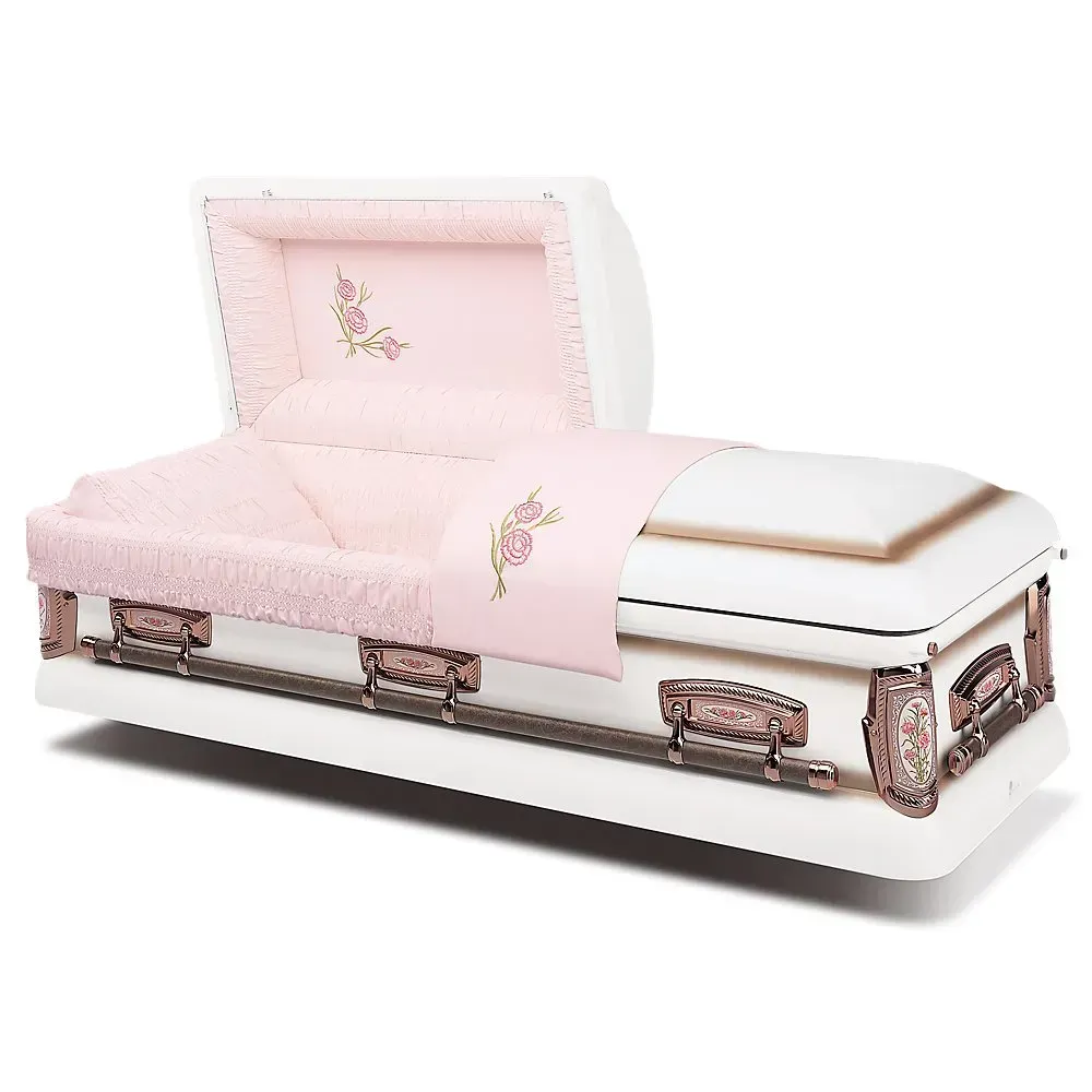 Pink floral funeral casket with white interior and silver trim, shown open on a white background
