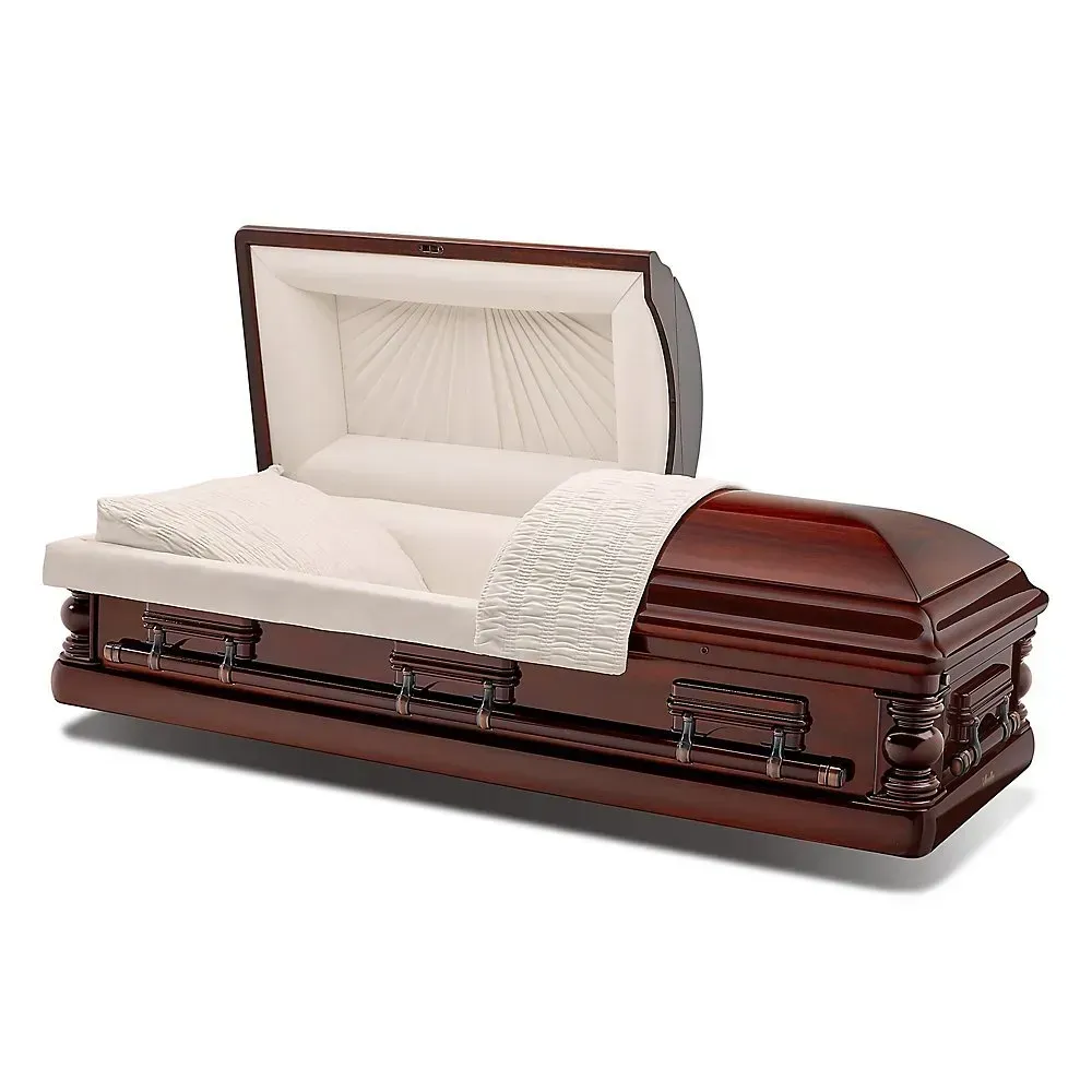 Brown polished open casket with cream interior and white lining on a white background