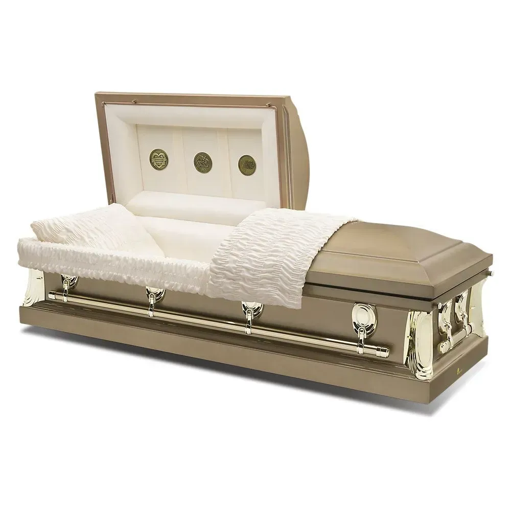 Open coffin with beige lining and gold hardware on a white background