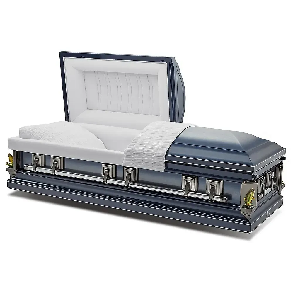 Open casket with white interior and blue-gray exterior, showing a white satin-lined funeral coffin