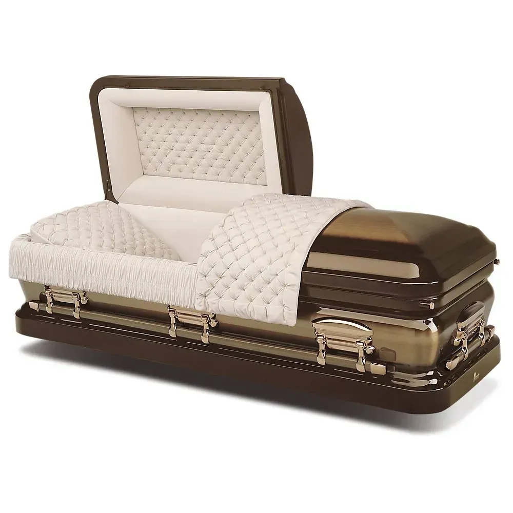 White quilted-lined brown casket with open lid on a white background