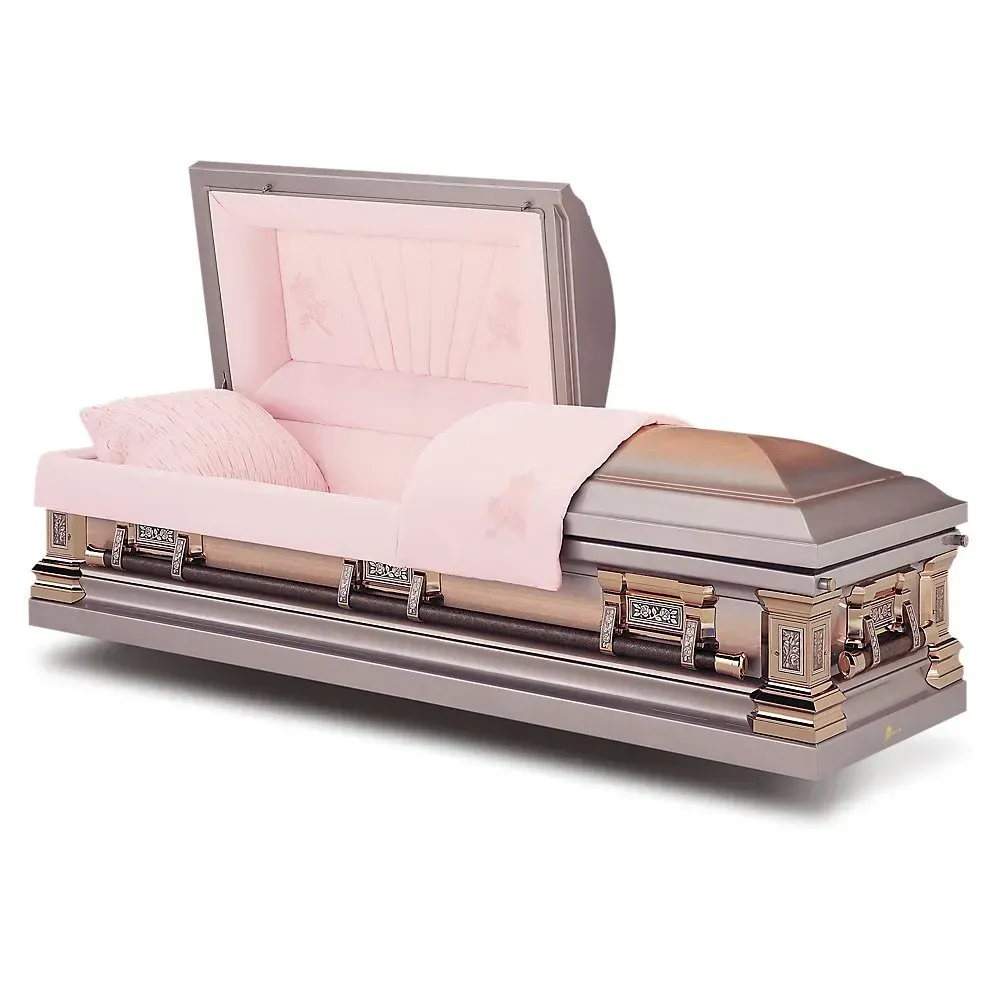 Pink-lined open casket with a pillow and folded blanket on a white background