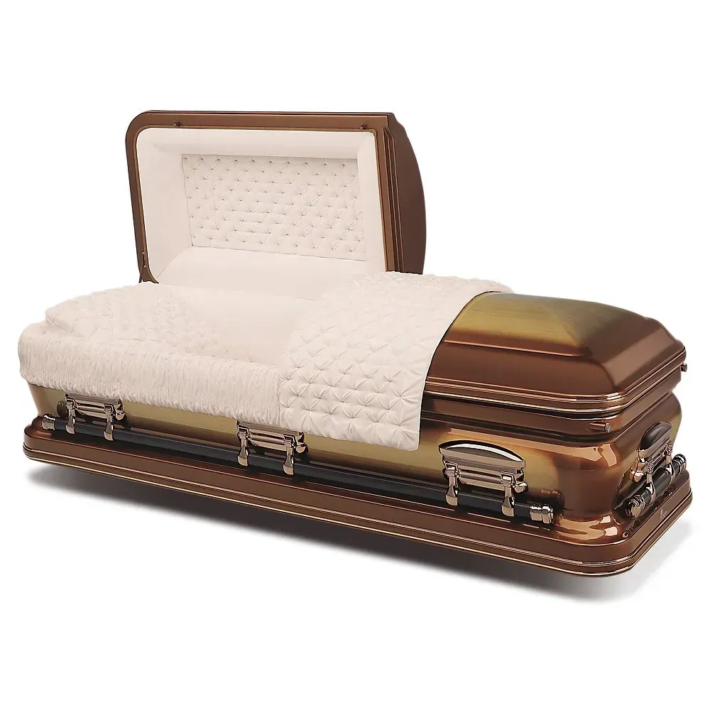 Brown and gold casket with white quilted lining and blanket, lid open on a white background