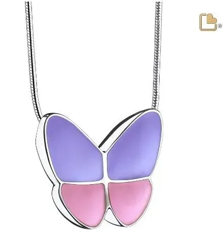 Butterfly pendant necklace with lavender and pink enamel wings on a silver chain