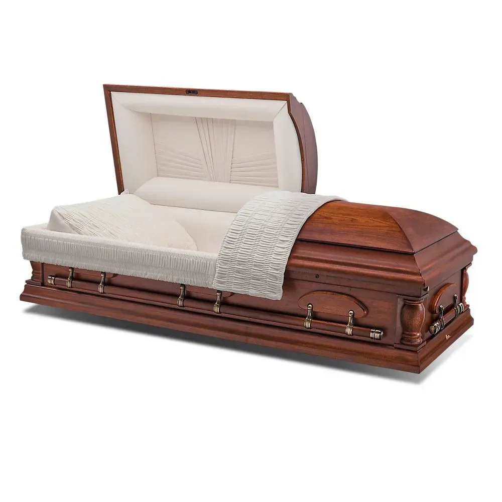 Open casket with cream satin interior and polished brown wood exterior