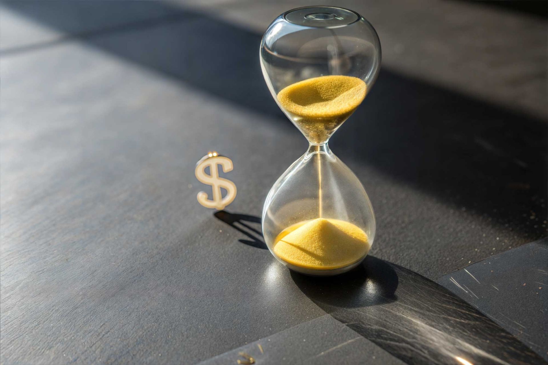 A hourglass is sitting on a table next to a dollar sign.