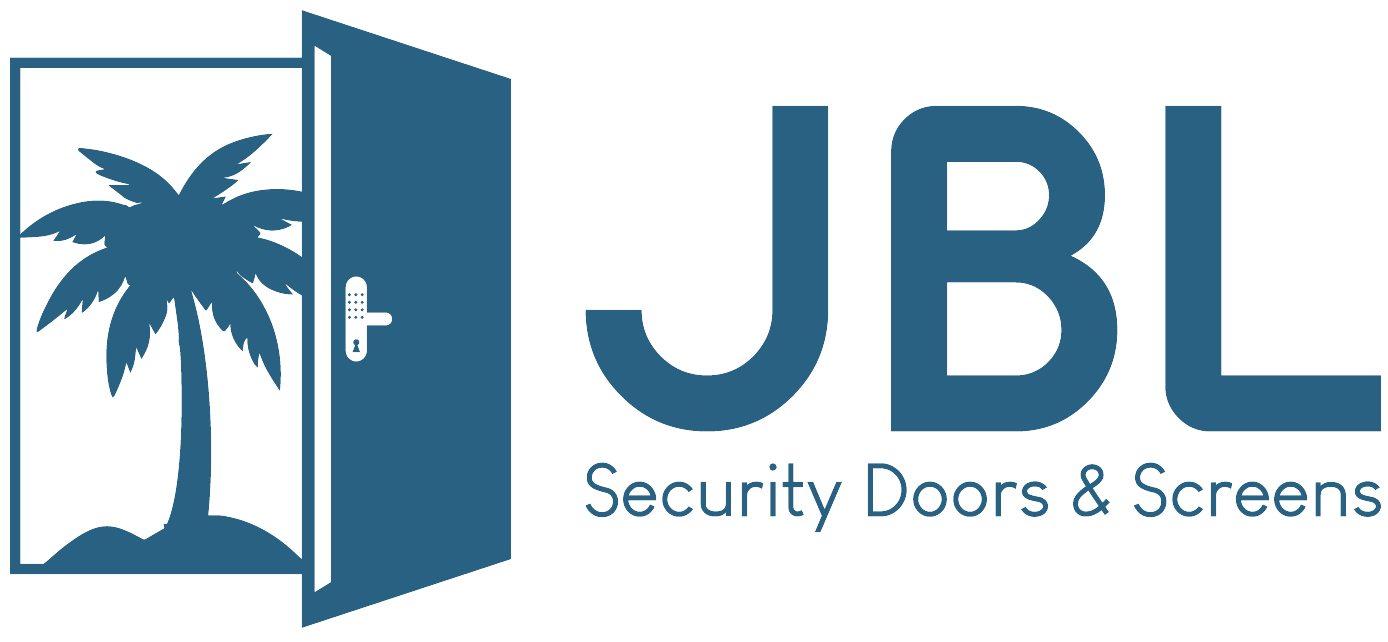 The logo for jbl security doors and screens has a palm tree on it.