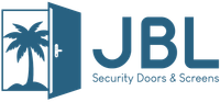 The logo for jbl security doors and screens has a palm tree on it.