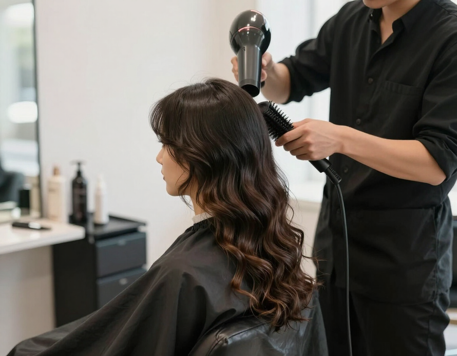 Stylist styling a client's loose waves at Sage and Strand Hair Studio
