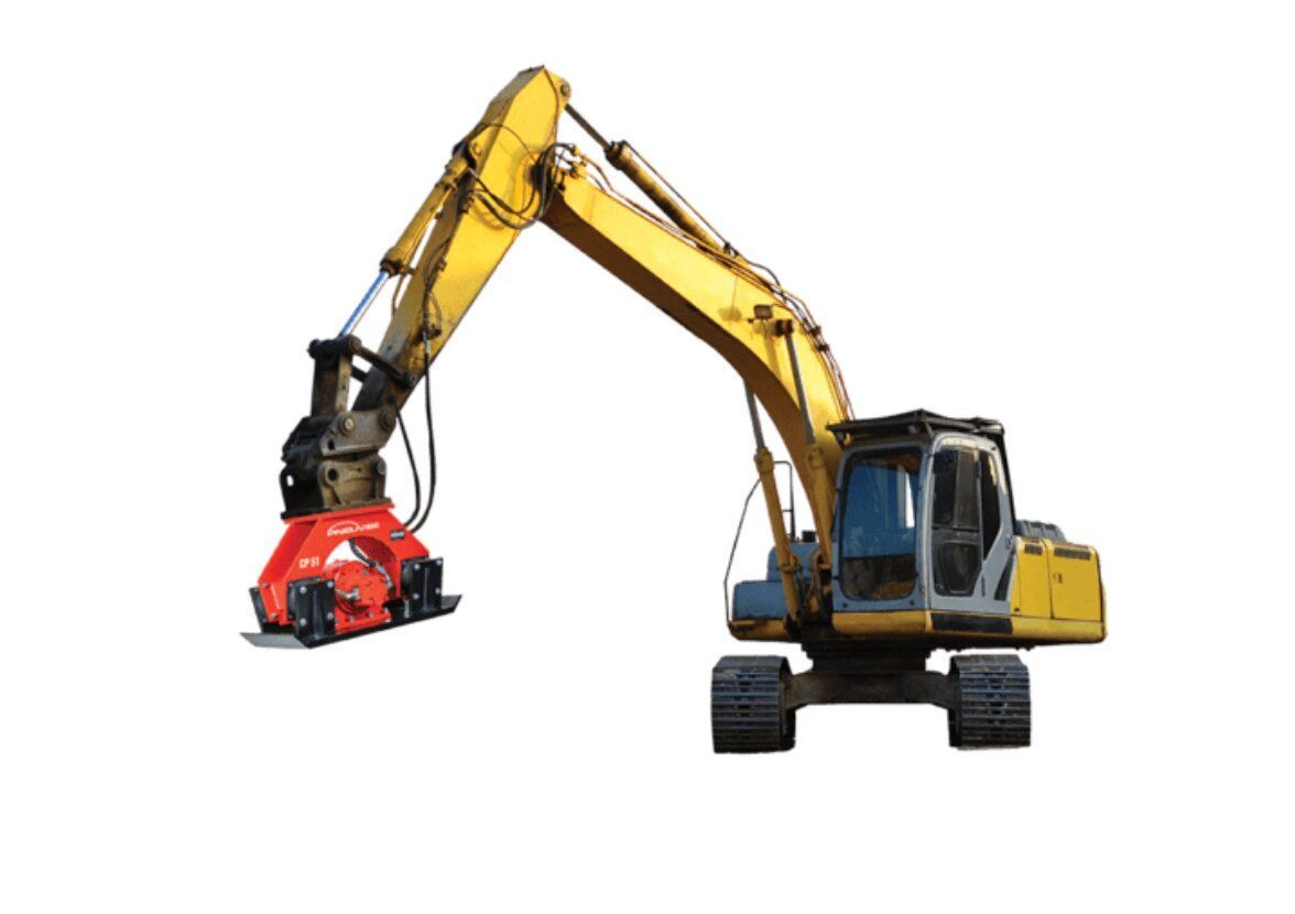 Excavator fitted with PneuVibe hydraulic compactor plate