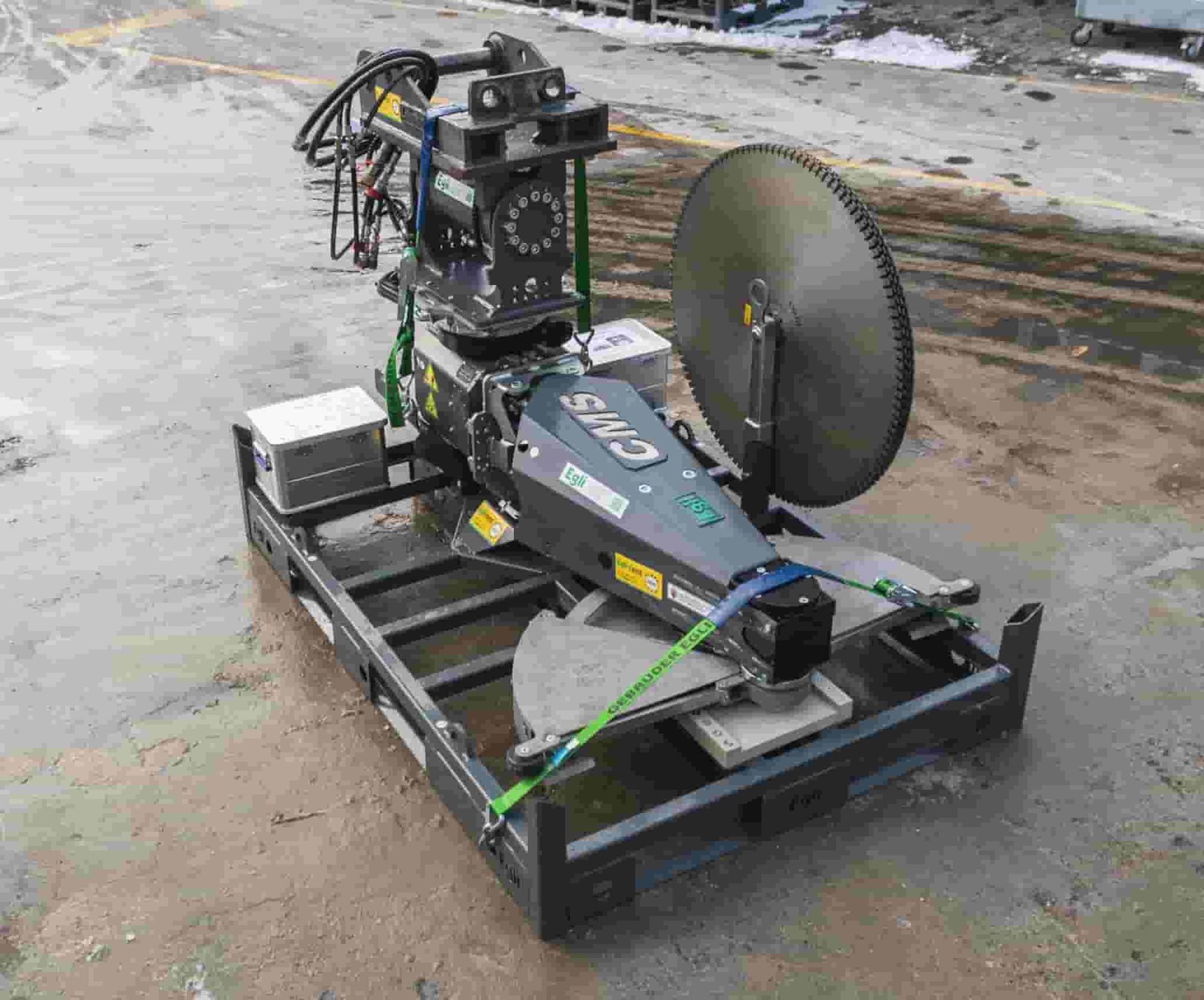 Egli excavator saw attachment packed on a pallet ready for delivery, supplied by Harrybilt Engineering