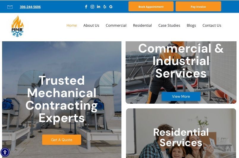 Website homepage for a mechanical contracting company showing services, including commercial, industrial, and residential.