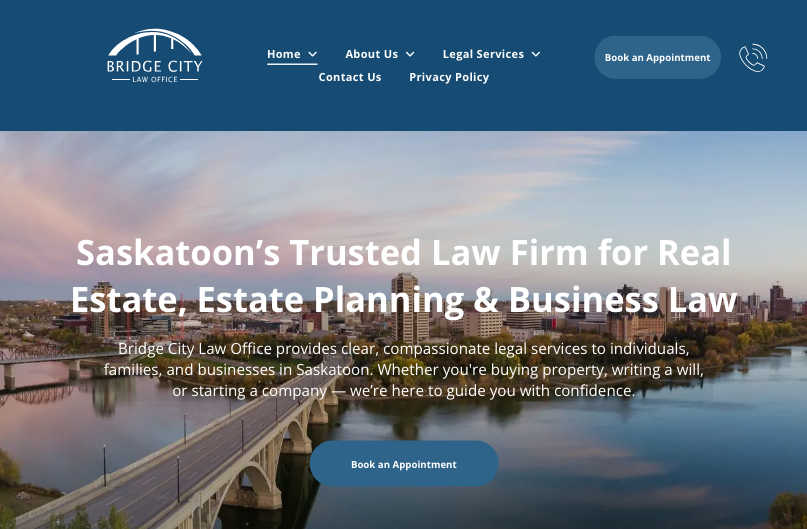 Website for Bridge City Law, a Saskatoon law firm, featuring a cityscape with a bridge.