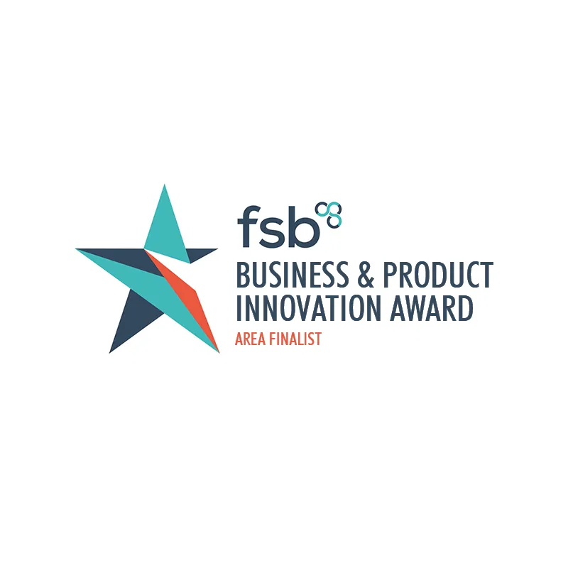 Fsb Business & Product Innovation Award logo with a geometric star, teal and orange accents, and 