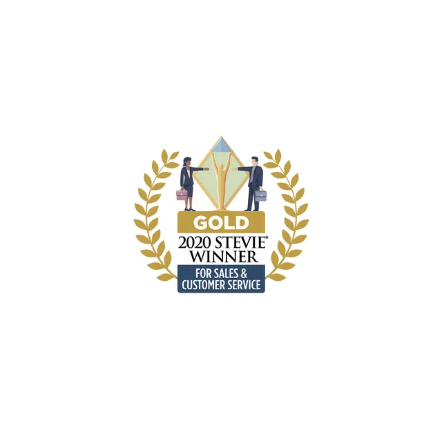 Gold Stevie Award for Sales & Customer Service, 2020 winner. Features a gold laurel wreath, and two small business figures.
