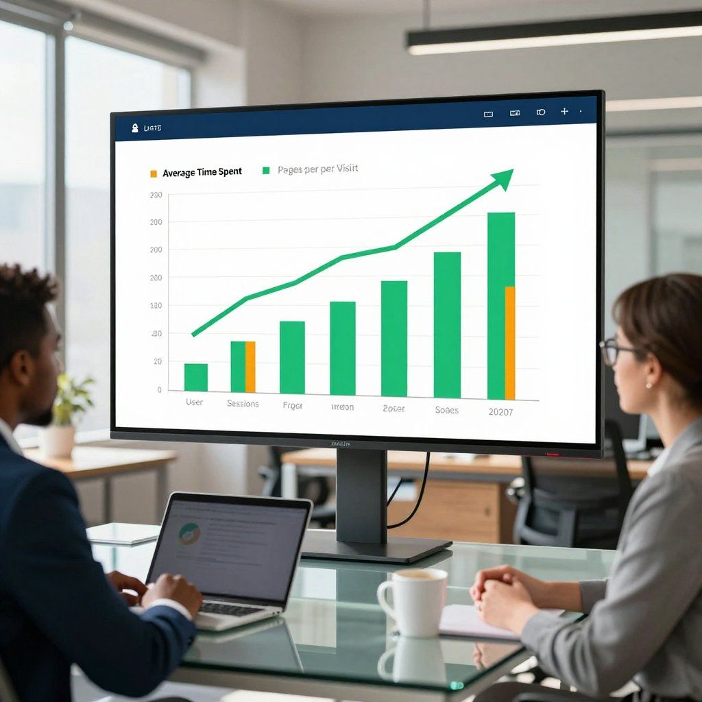 Two people looking at a monitor displaying a rising green line graph and bars. A laptop and a coffee cup are on the table.